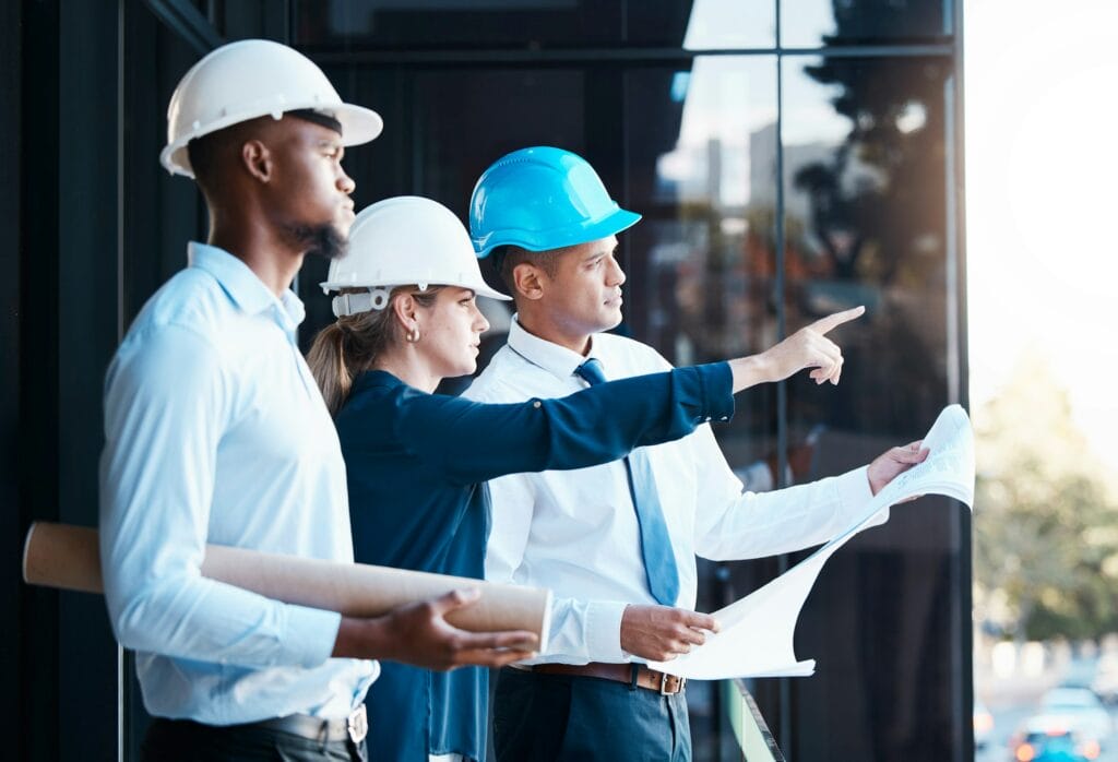 Construction, architecture and management of project planning. Blueprint, design and engineers meet